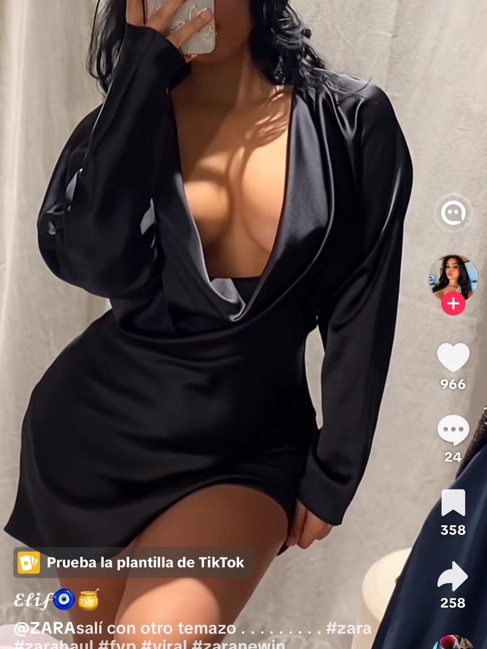 Zara Black Satin Long-Sleeve Plunge Mini Dress